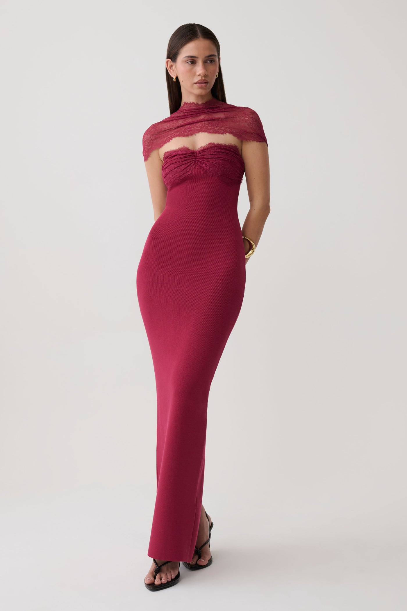 Leny Lace and Bandage Knit Maxi Dress - Burgundy